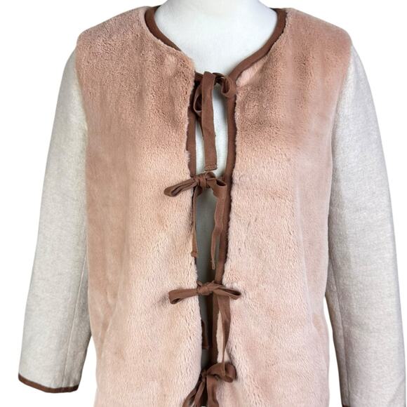 Madewell Brown Beige Colorblock Faux Mink Fur Long Length Ribbon Tie Jacket - Picture 11 of 16